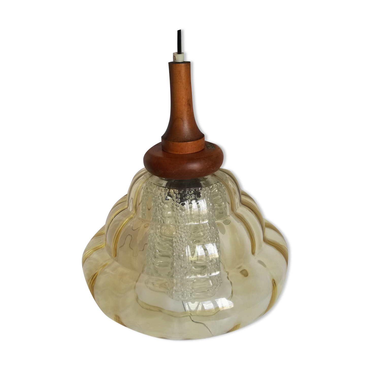 Scandinavian-style pendant lamp in glass and wood, 1970