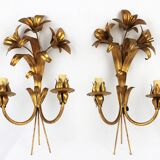 Golden metal flower sconces 1960 in pairs