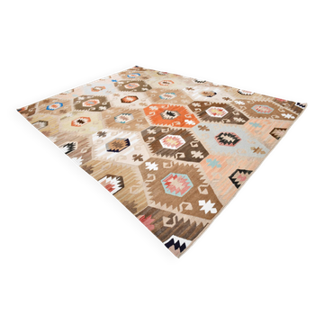 10x13 Turkish Cream & Orange Handmade Wool Kilim Rug, 296x393Cm