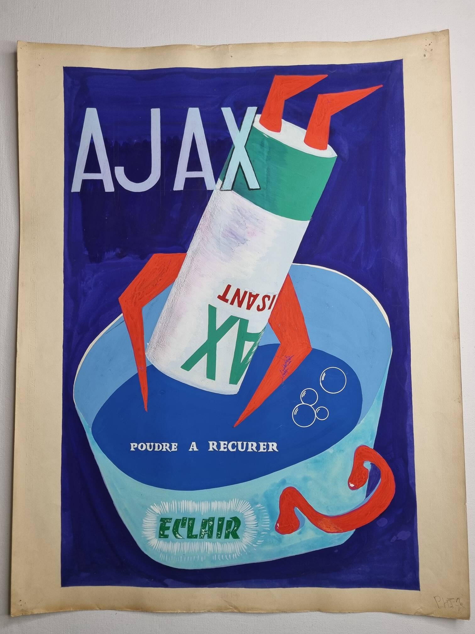 Affiche publicitaire vintage, "Lessive Ajax", années 50-60 peinte à la main