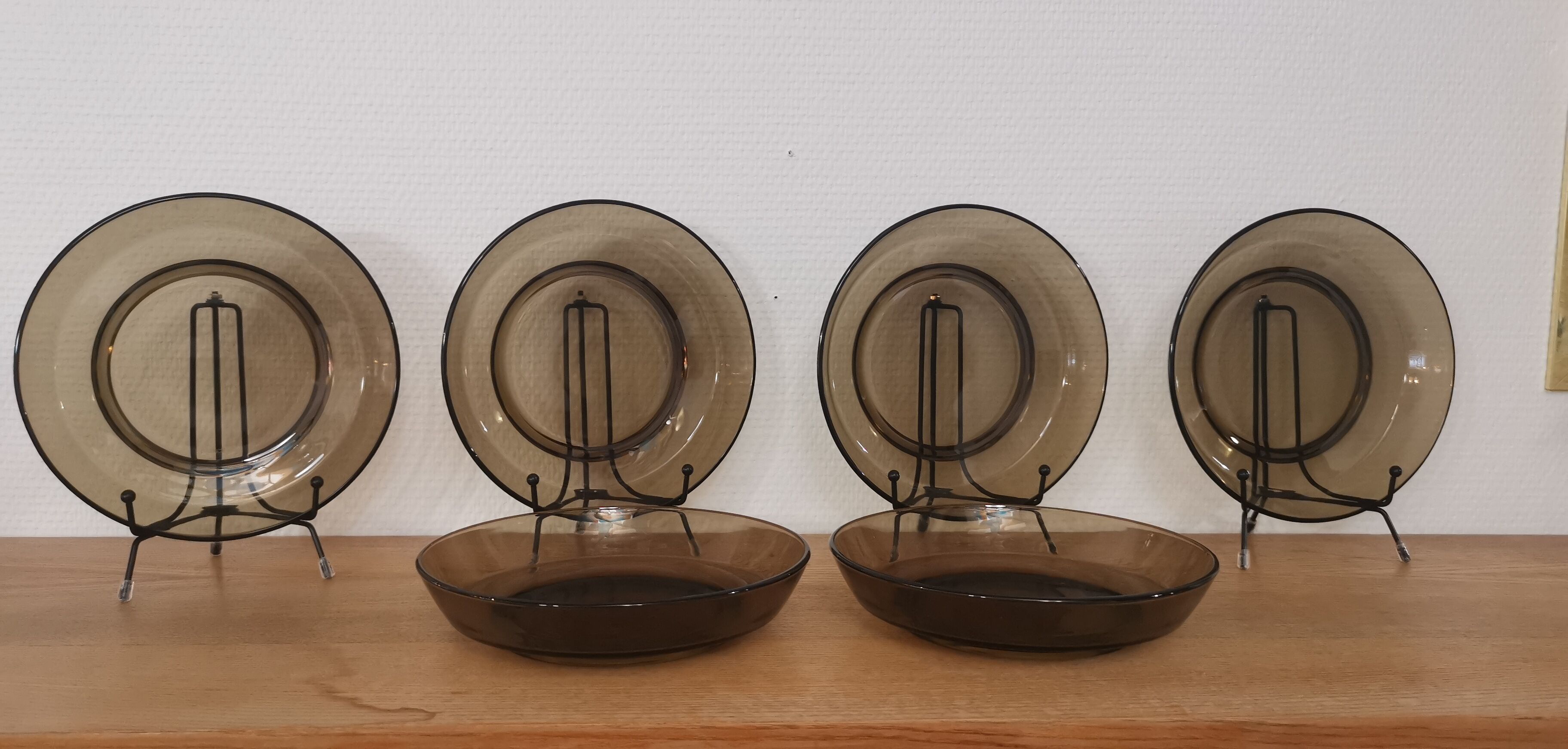 Set of 6 hollow plates in smoked brown glass Vereco 70'S Vintage
