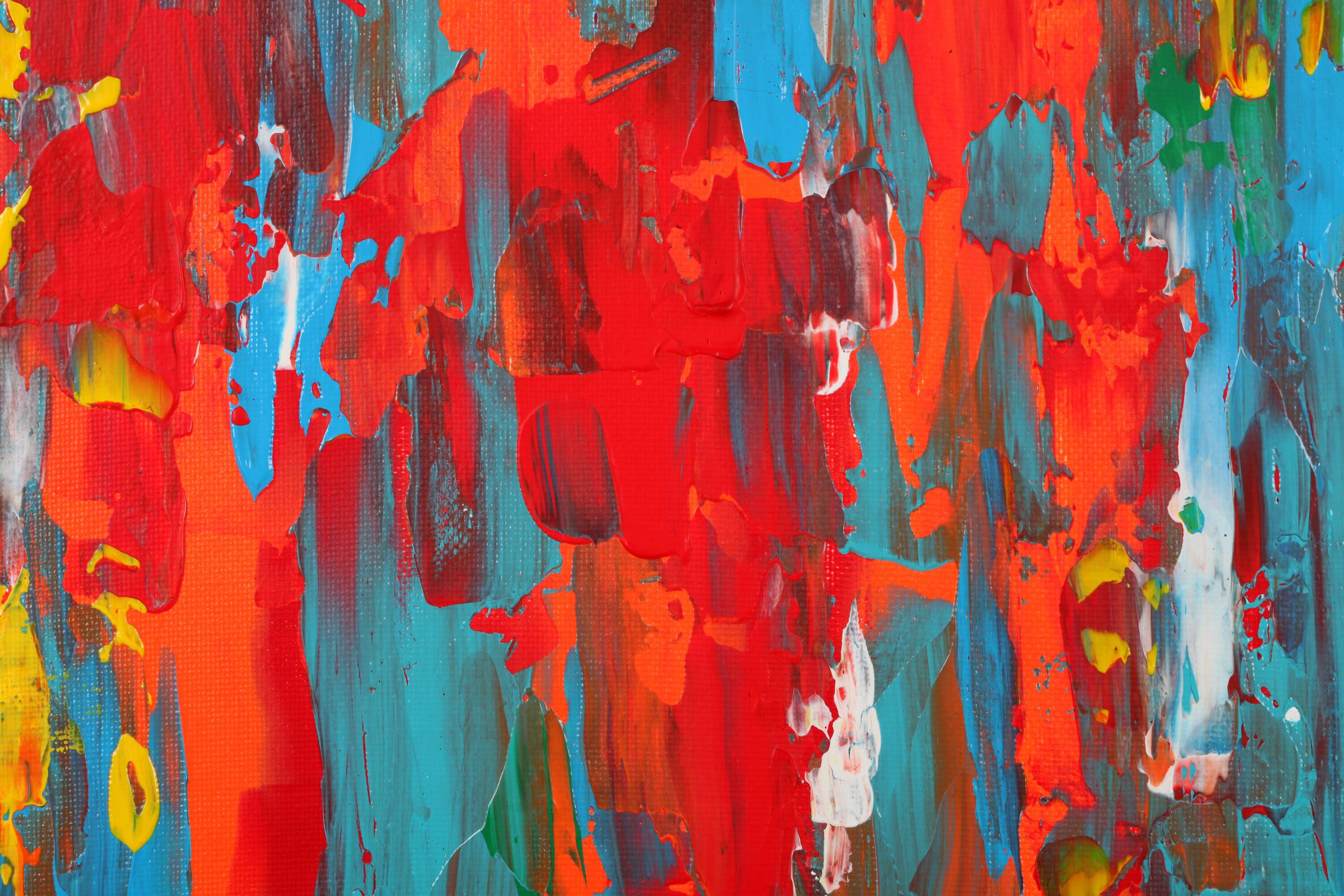 Abstract Red, Orange and Blue original painting on stretched canvas