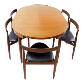 Extendable dining table in teak and 6 chairs by Hans Olsen for Frem Røjle, 1950s.