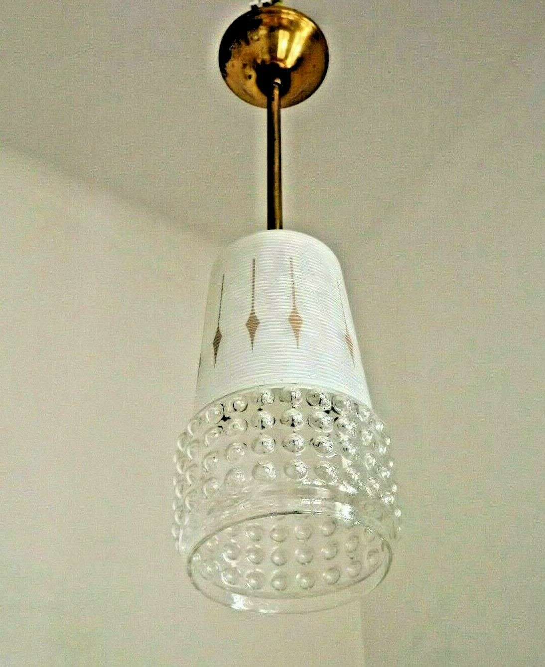 French vintage retro white & clear glass shade & gold metal ceiling light 3599