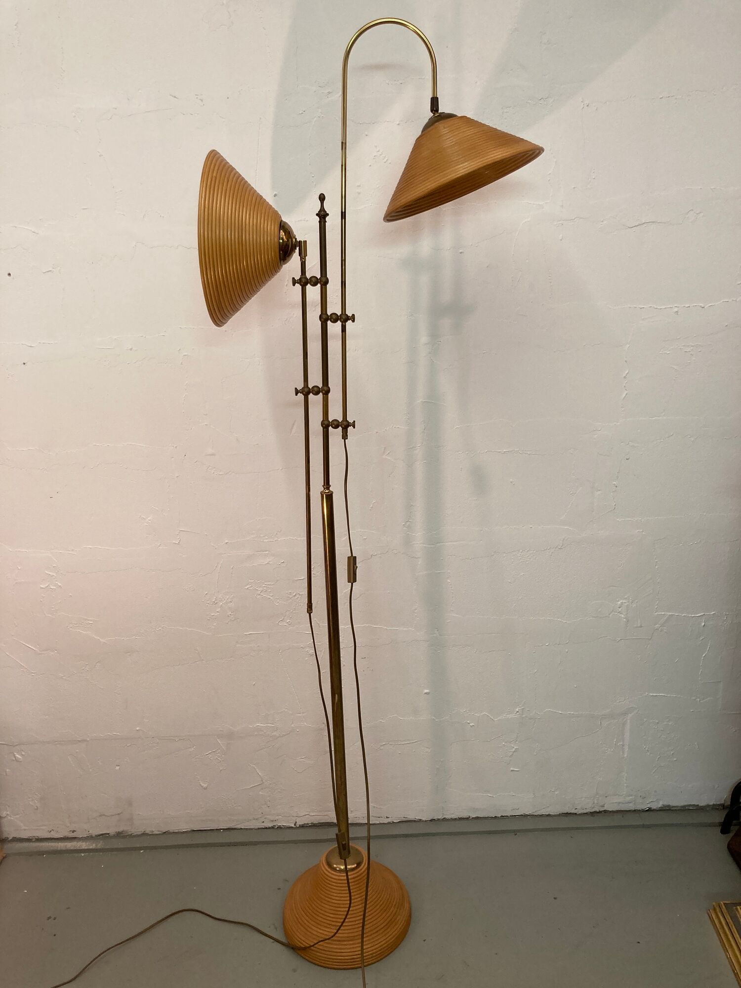 Bamboo rattan and brass pencil or split reed floor lamp, Italy 1980s
