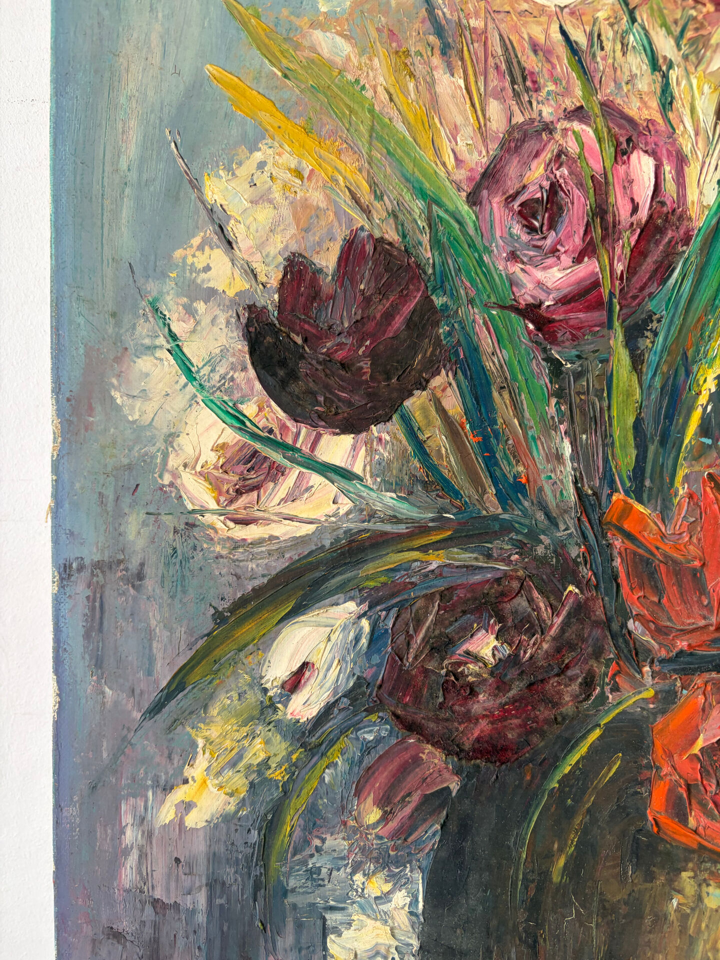 Bouquet, huile au couteau, signée Lallemand