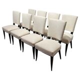 Art Deco Chairs in Black Lacquer in Cream Velour, France, 1930s, Set of 8