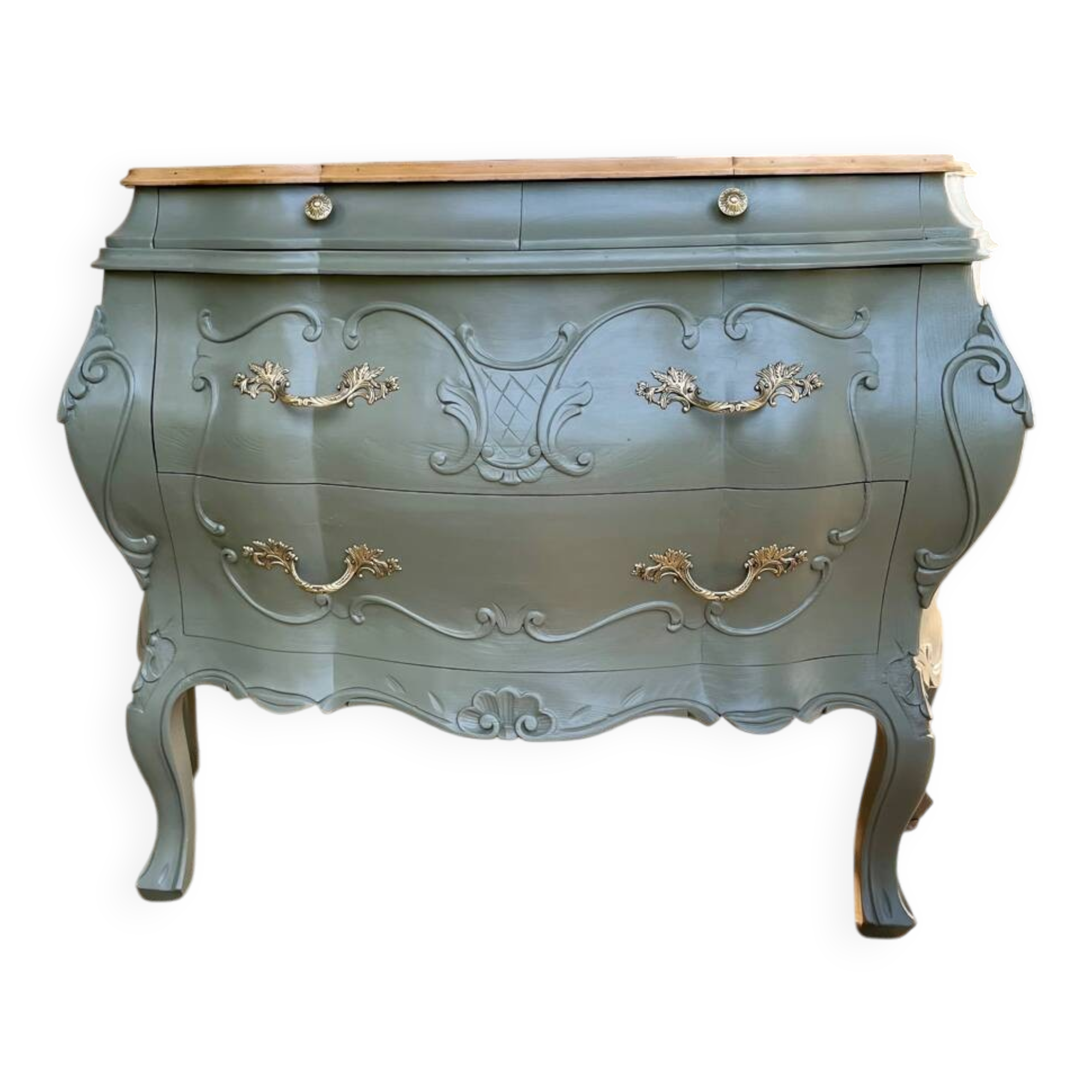 Renovated curved tomb chest of drawers in clay green and wood