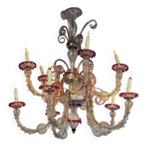Venetian Rezzonico chandelier in colourless and red Murano glass, circa 1900.