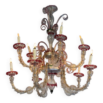 Lustre vénitien Rezzonico en verre de Murano incolore et rouge, vers 1900