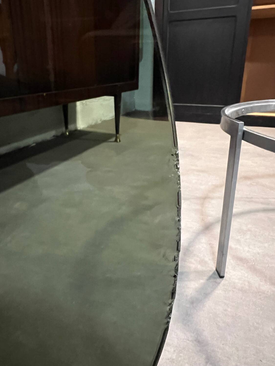 70s design round coffee table, metal and smoked glass