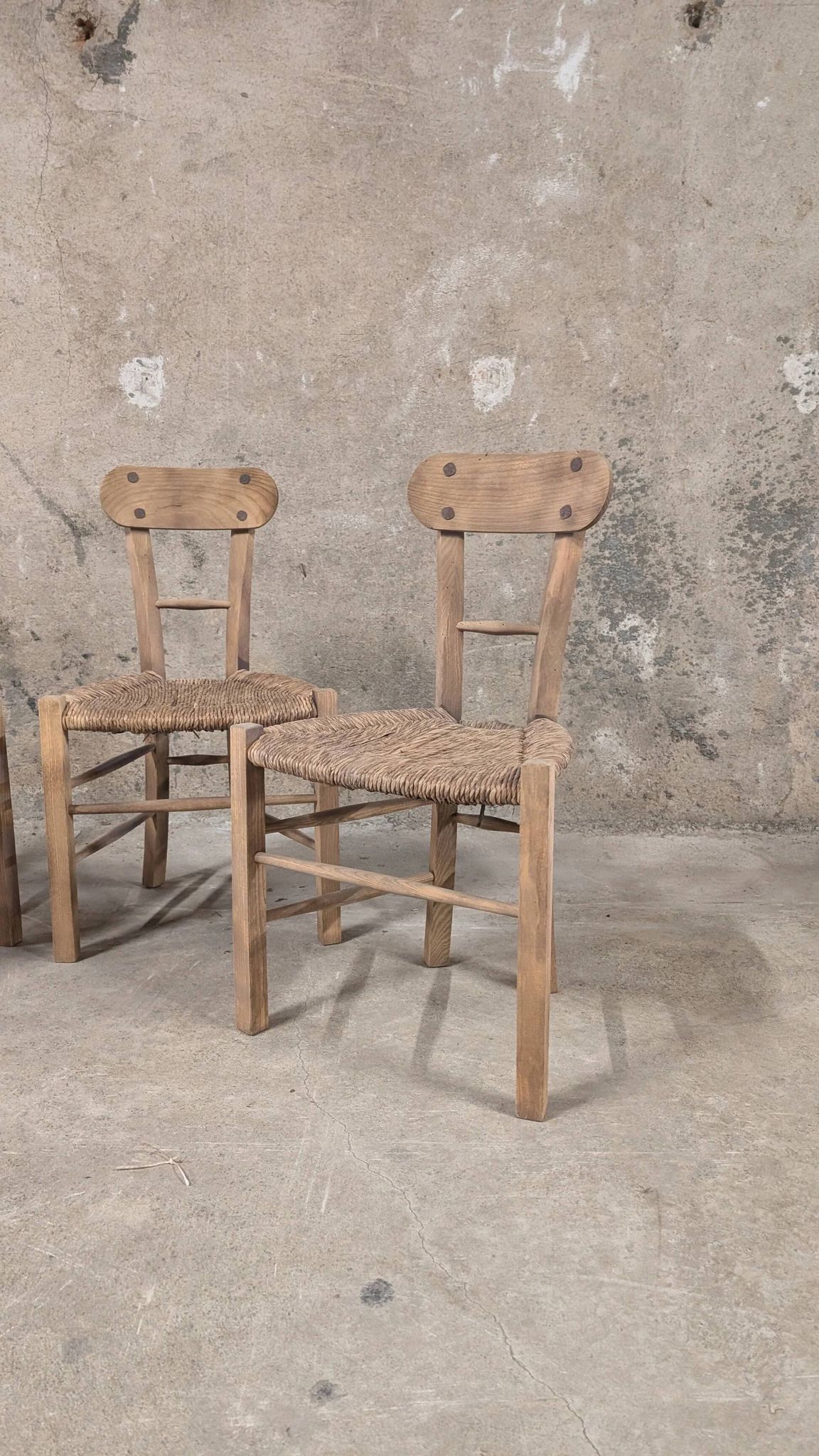 Set of 3 rustic wooden and woven straw chairs