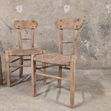Set of 3 rustic wooden and woven straw chairs