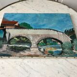 Oil painting on canvas landscape bridge and old river