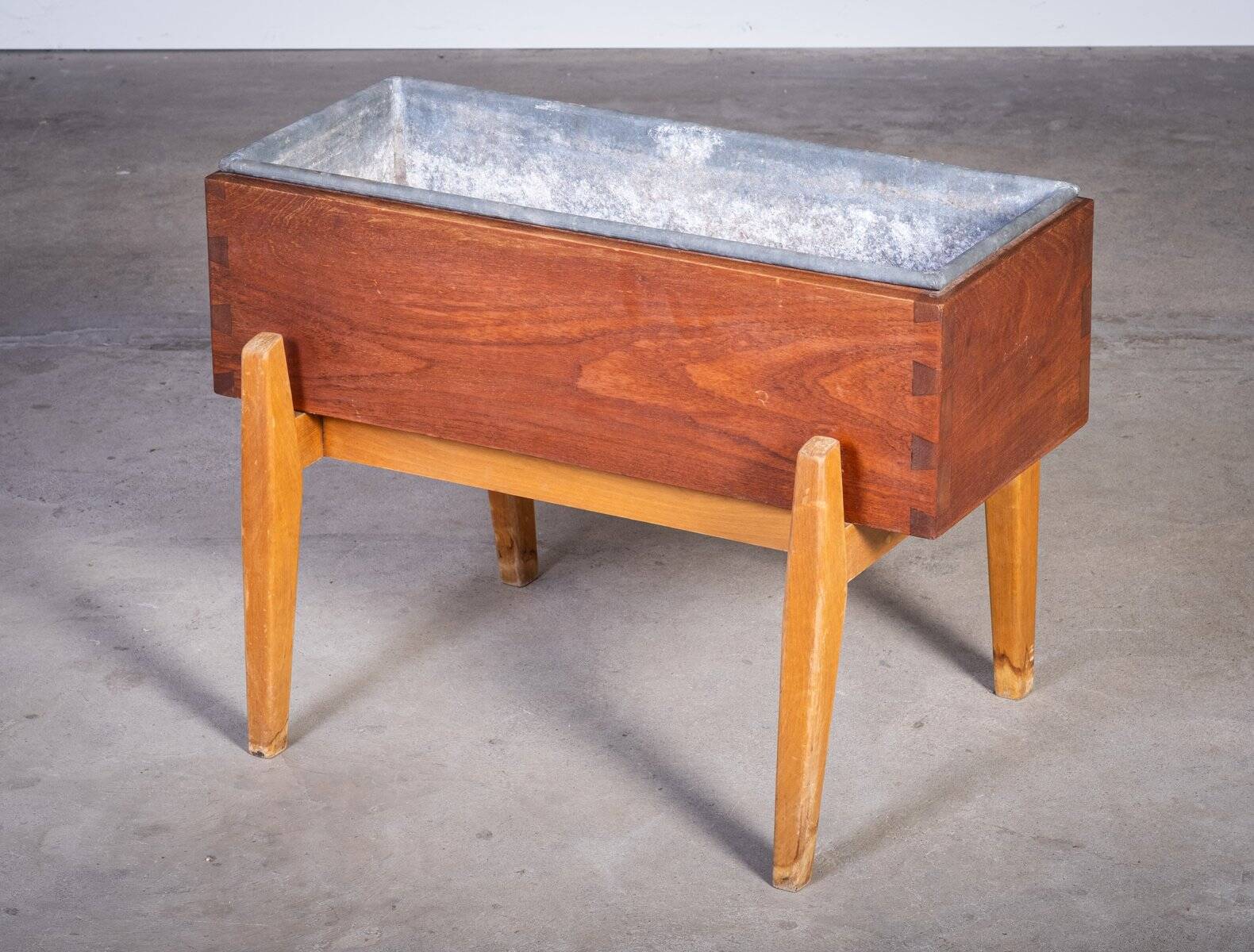 Teak and Beech Planter with Zinc Coating, Denmark, 1950s