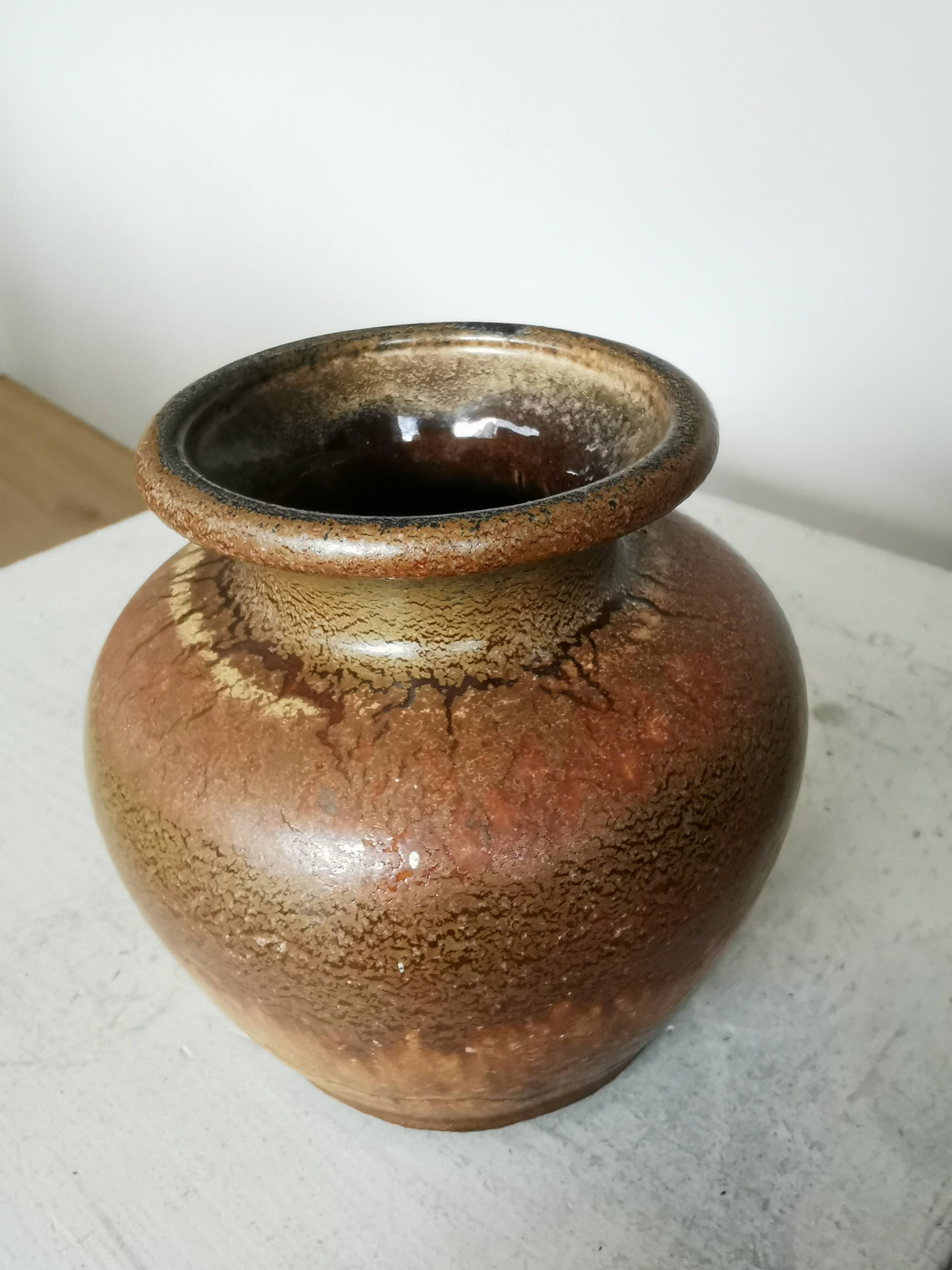 Fat Lava Pottery Vase: Vintage West Germany 202-13, Brown Drip Glaze