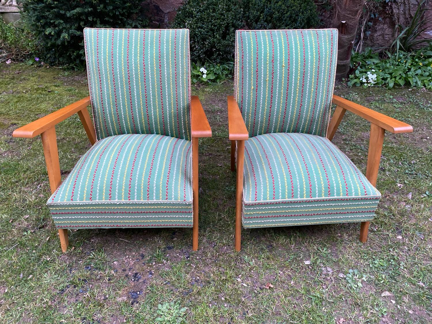Pair of emerald green fabric armchairs circa 1950