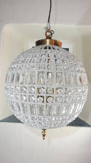 Spherical pendant light with crystal tassels and seed beads / vintage.