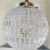 Spherical pendant light with crystal tassels and seed beads / vintage.