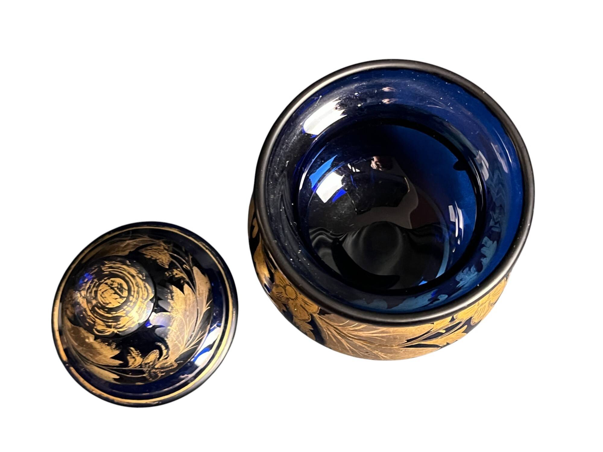 Antique covered pot or sugar bowl in blue and gold glass, early 20th century