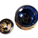 Antique covered pot or sugar bowl in blue and gold glass, early 20th century