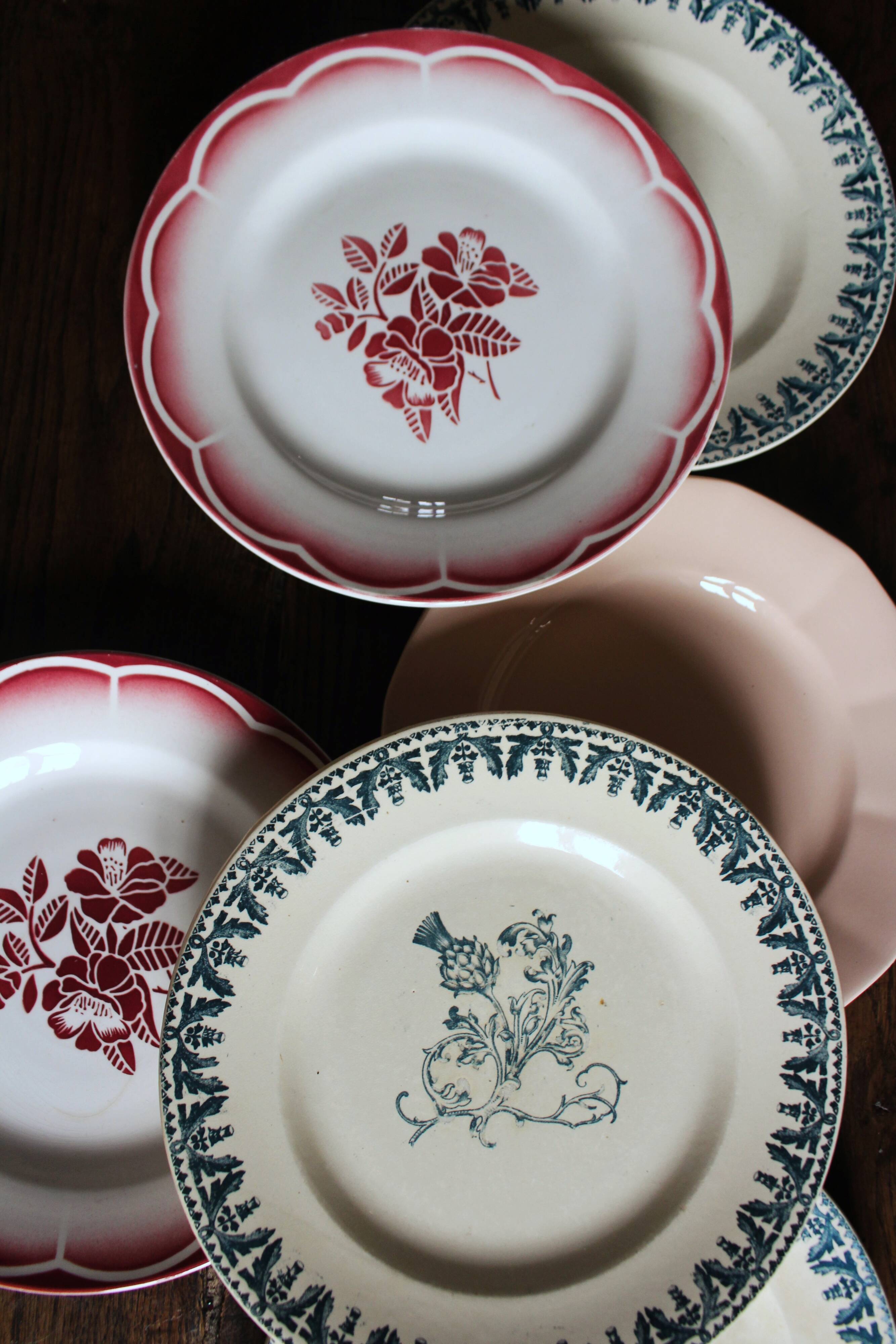 6 mismatched flat plates Terre de Fer Digoin Sarreguemines
