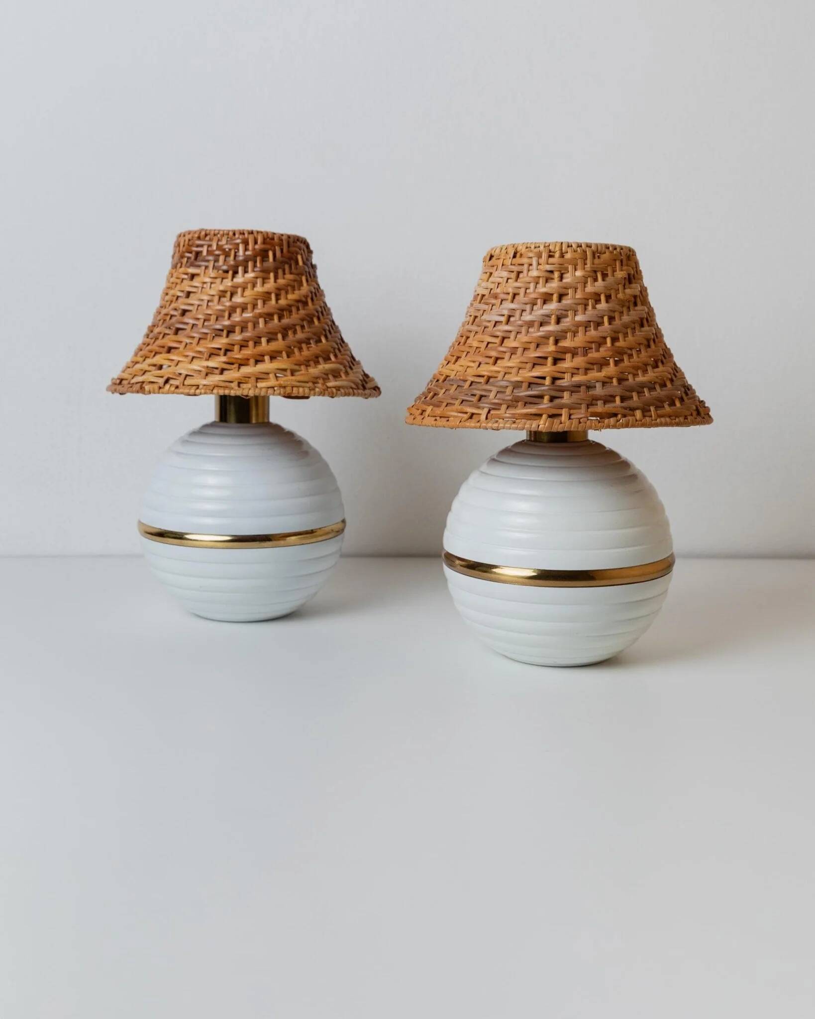 Pair of vintage table lamps – white metal with rattan shades, gold details, Italy 1980s