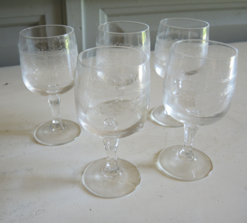 Set of 24 old engraved crystal foot glasses