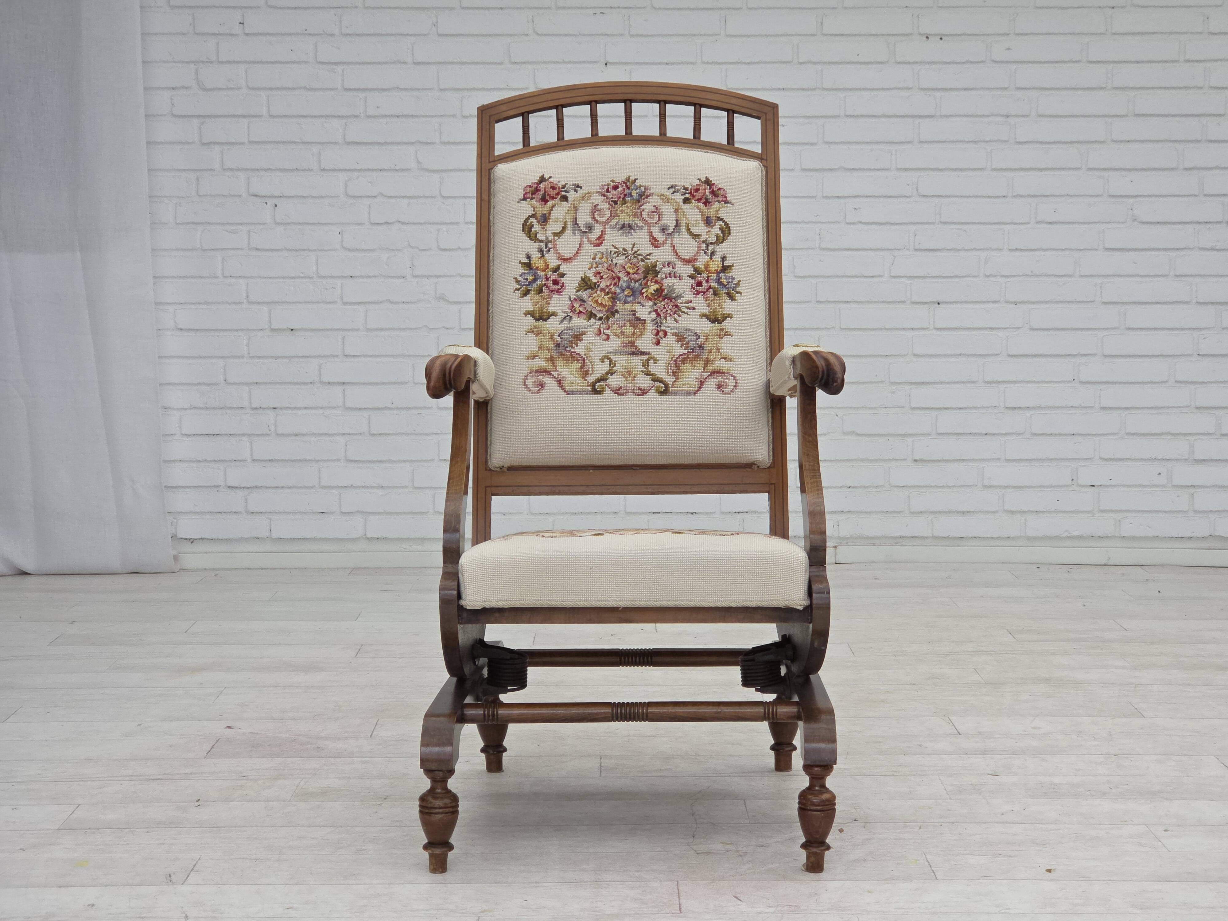 1930s, Danish highback rocking chair, original hand woven wool, ash wood.