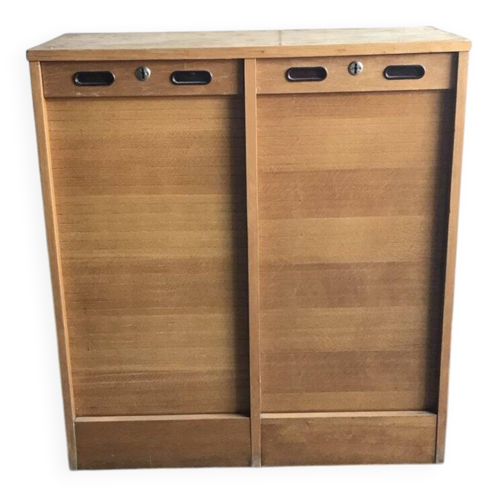 Mid-century industrial haberdashery cabinet in brown oak, double tambour, 1950s.