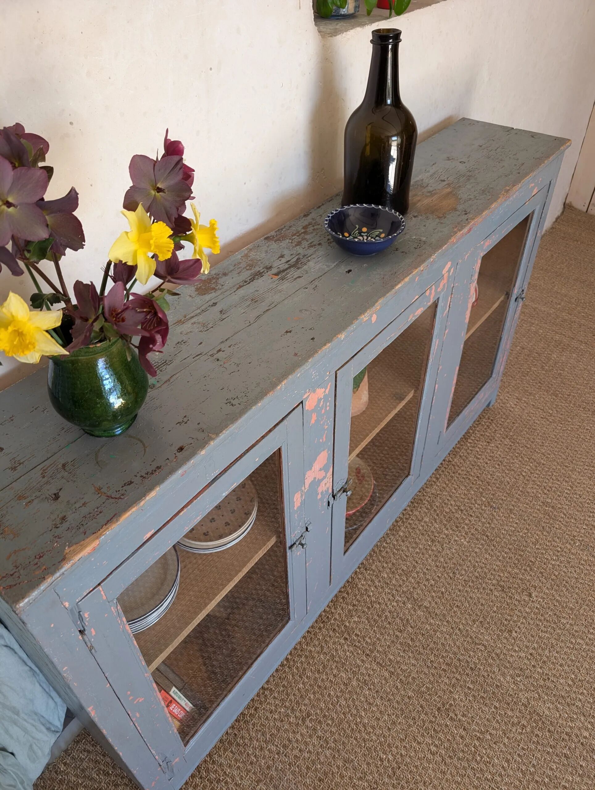 Glazed enfilade antique workbench – blue patina