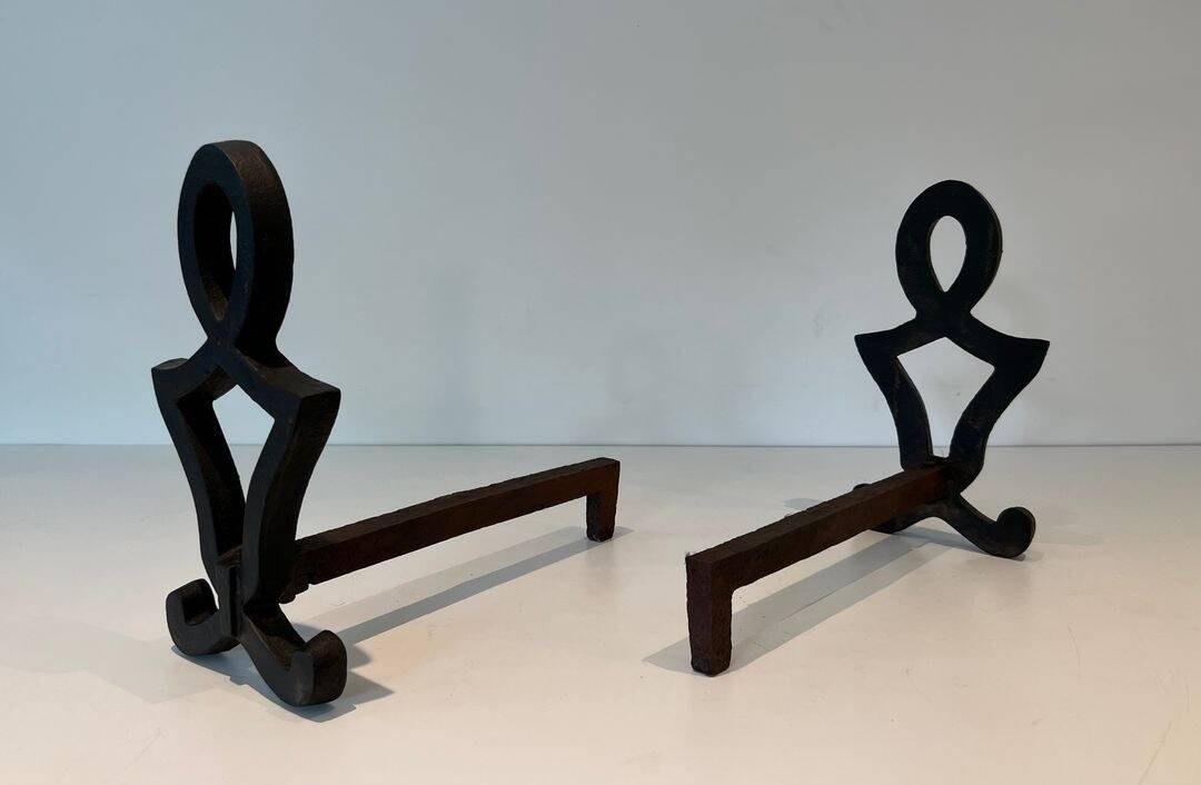 Pair of Cast Iron Chenets with Figurative Anthropomorphic Silhouette, by Raymon
