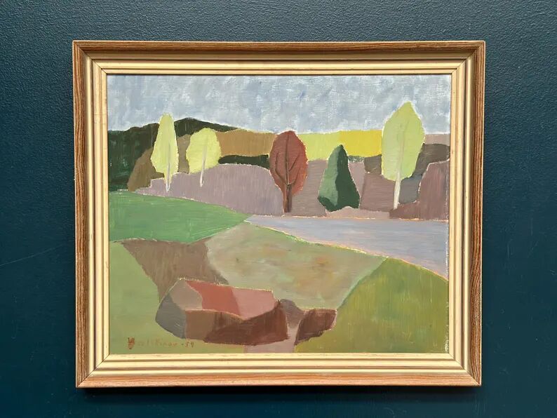 Original Swedish Oil on Panel – “Trees and Fields” by Carl‑Einar Andersson (1925–1975) – 1959 – Vintage & Framed – 53 × 44.5cm (20.9"×17.5")