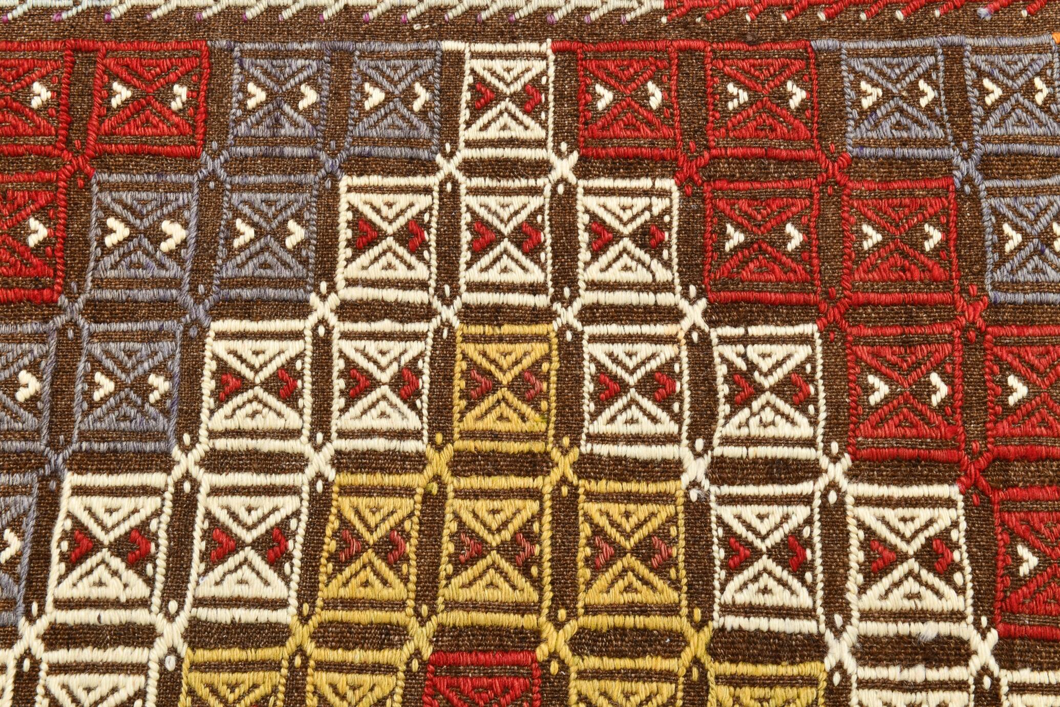 Deep Burgundy & Mustard Yellow Star Pattern Turkish Kilim Rug, 145x282 Cm