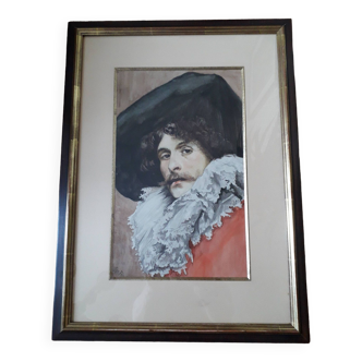 Old signed painting representing a musketeer