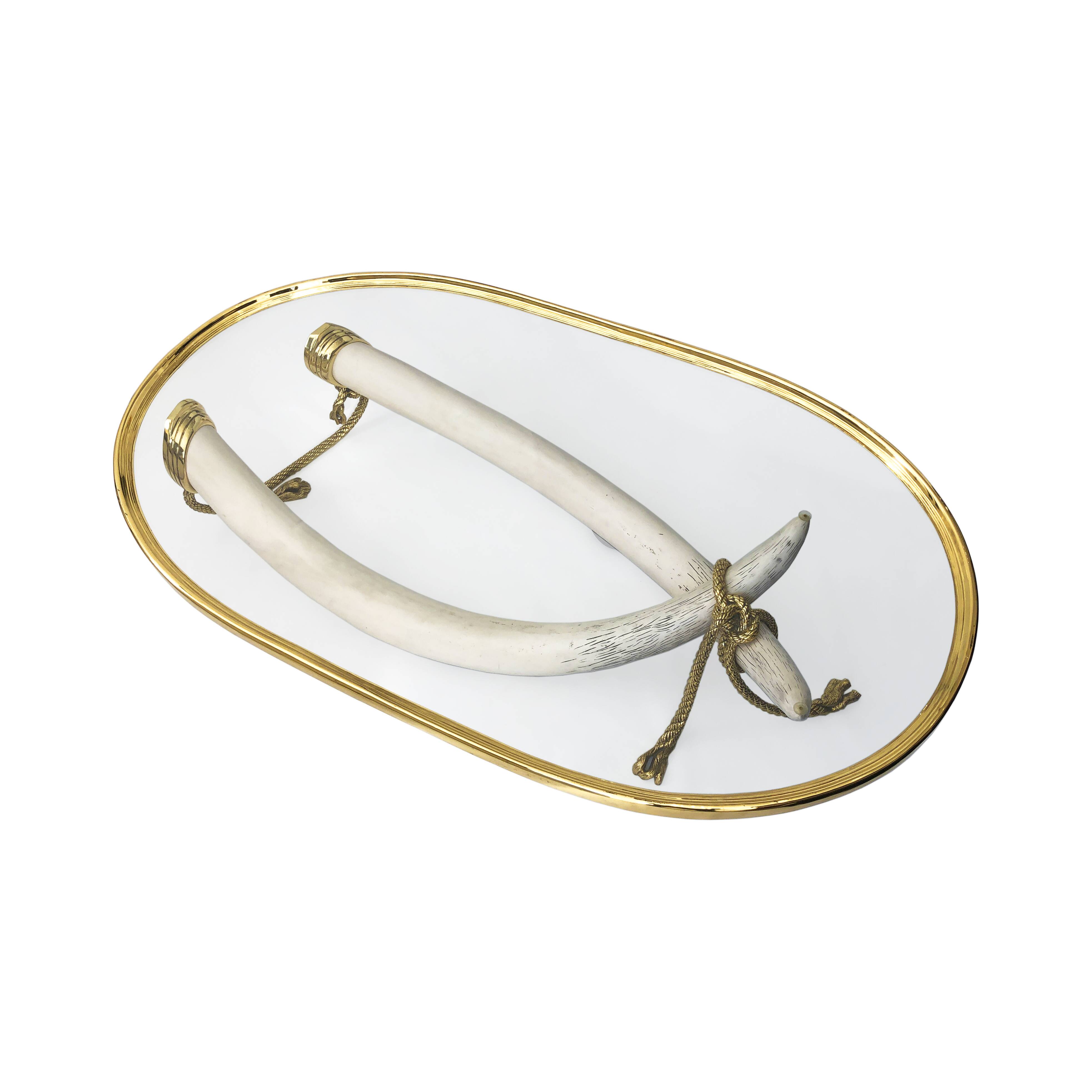 Italo Valenti Brass And Faux Elephant Tusks Coffee Table 1970s Glass Gold