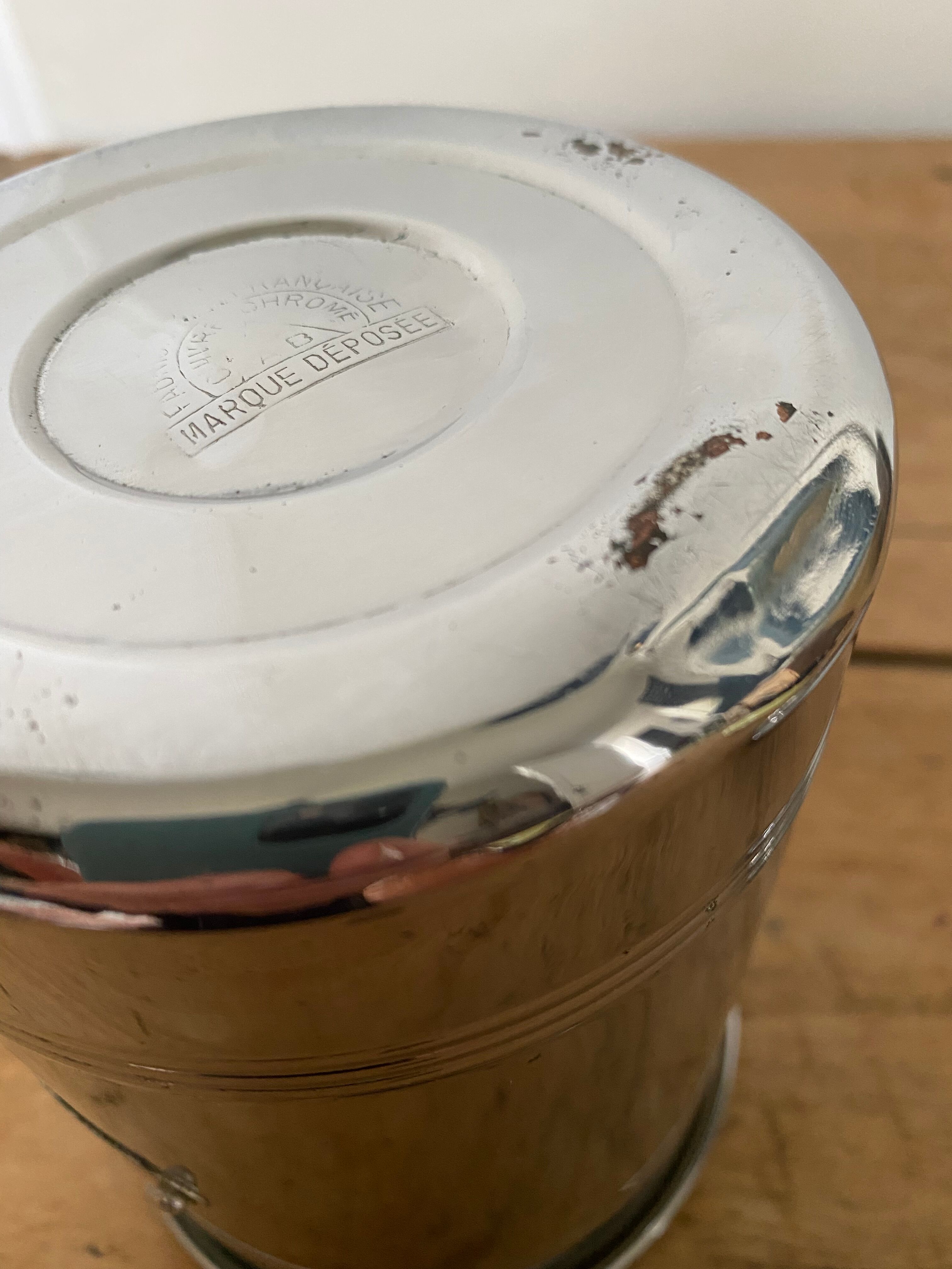 Set of two chrome-plated copper coffee/sugar jars stamped
