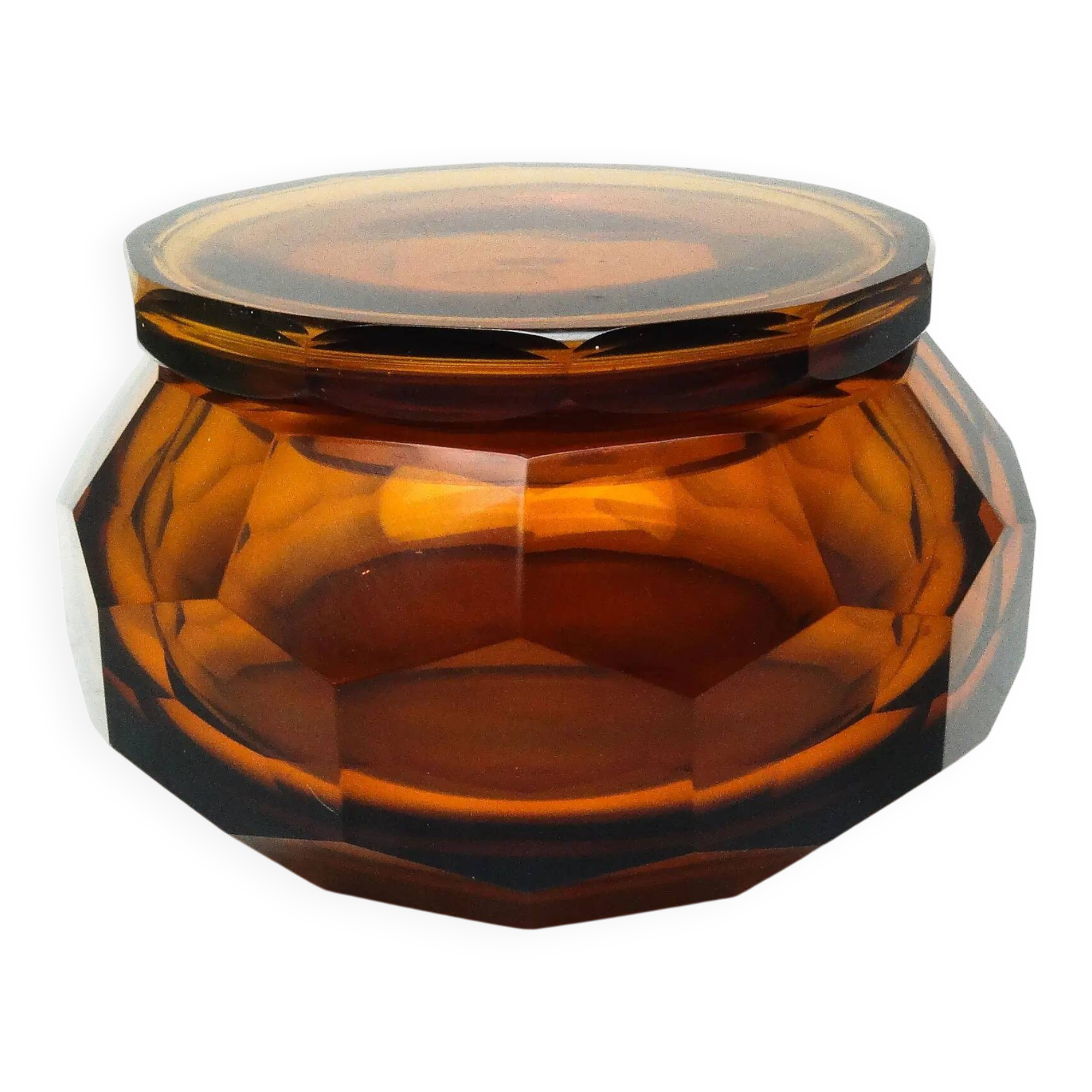 Art Deco bonbonniere, honey crystal, Moser, Czechoslovakia, 1930s