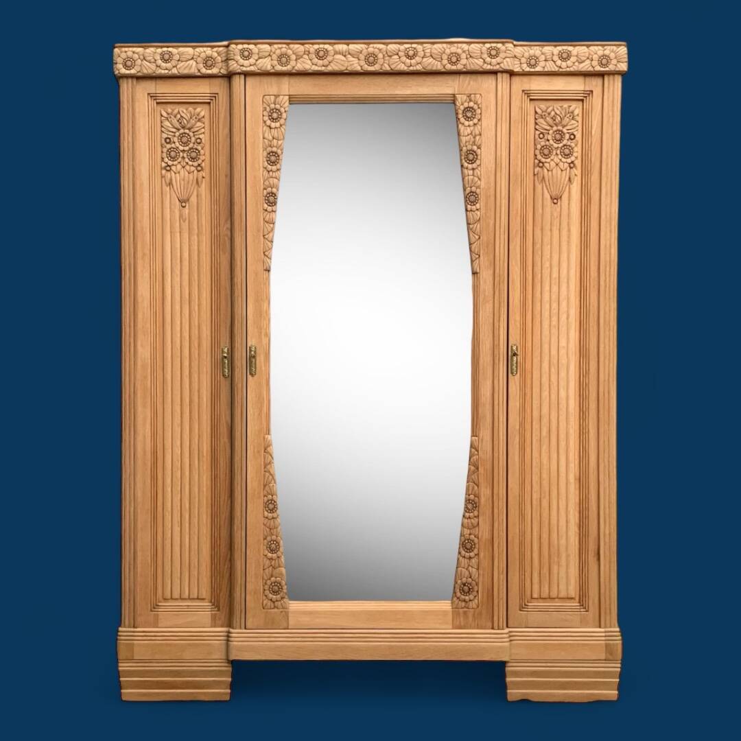 Parisian Art Deco style wardrobe in solid raw oak, 1950
