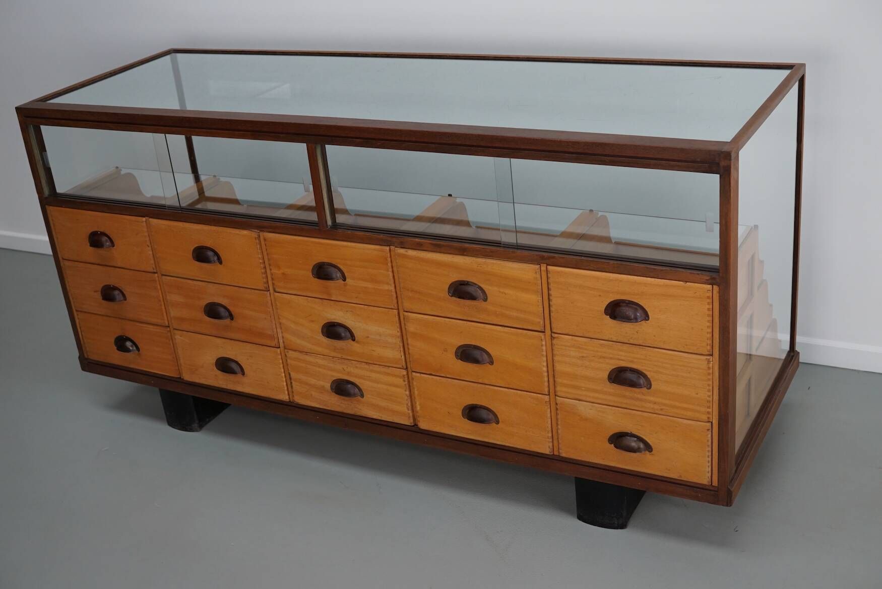 Antique British maple & hardwood haberdashery cabinet or shop counter, 1930s