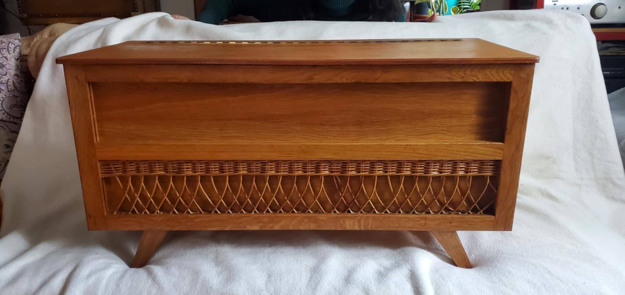 Vintage 1970s wooden and rattan toy chest