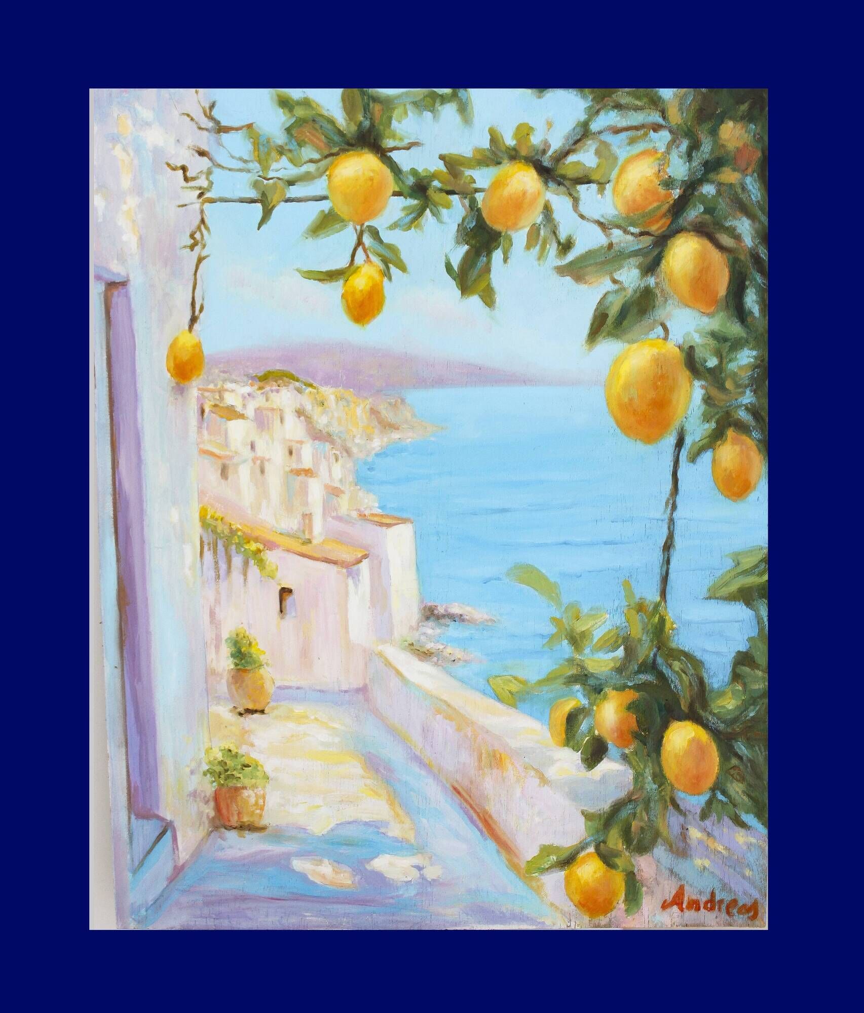 Oil painting of a view of the sea.