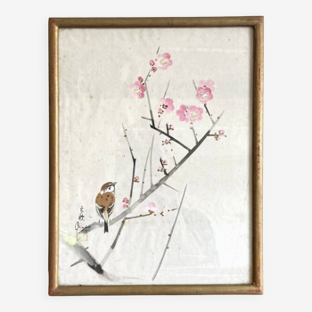 Petit tableau japonais oiseaux et cerisier en fleur Okada vintage ancien aquarelle