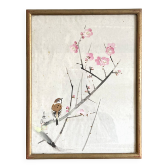 Small Japanese painting birds and cherry blossom Okada vintage old watercolor