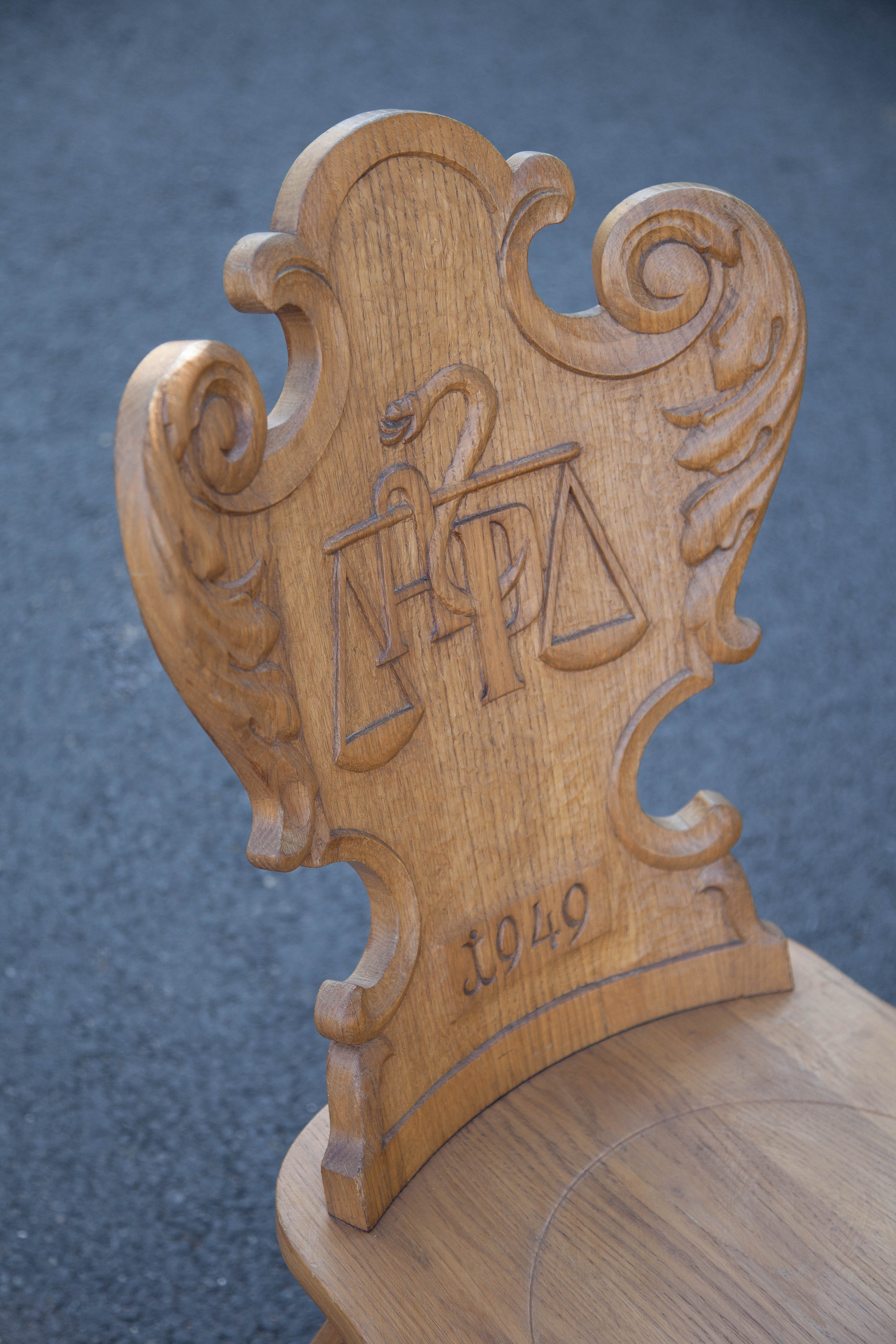 Set of 4 carved wooden stepladder chairs, pharmacy, brutalist, mountain style