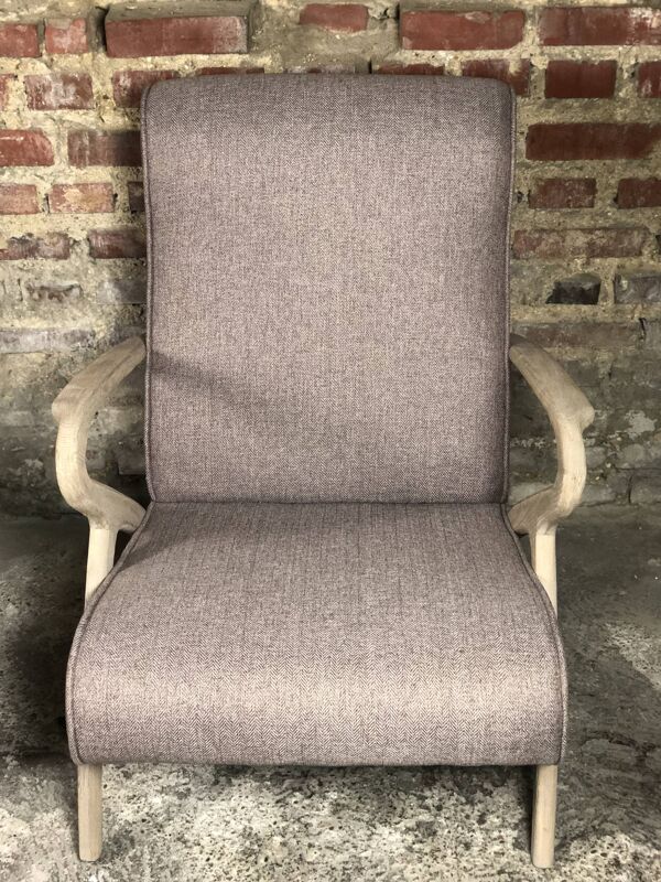 Fauteuils en chêne brut courbé et tissus chiné tissé beige et marron