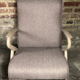 Chairs (pair) in curved rough oak and beige and brown woven mottled fabrics
