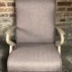 Chairs (pair) in curved rough oak and beige and brown woven mottled fabrics