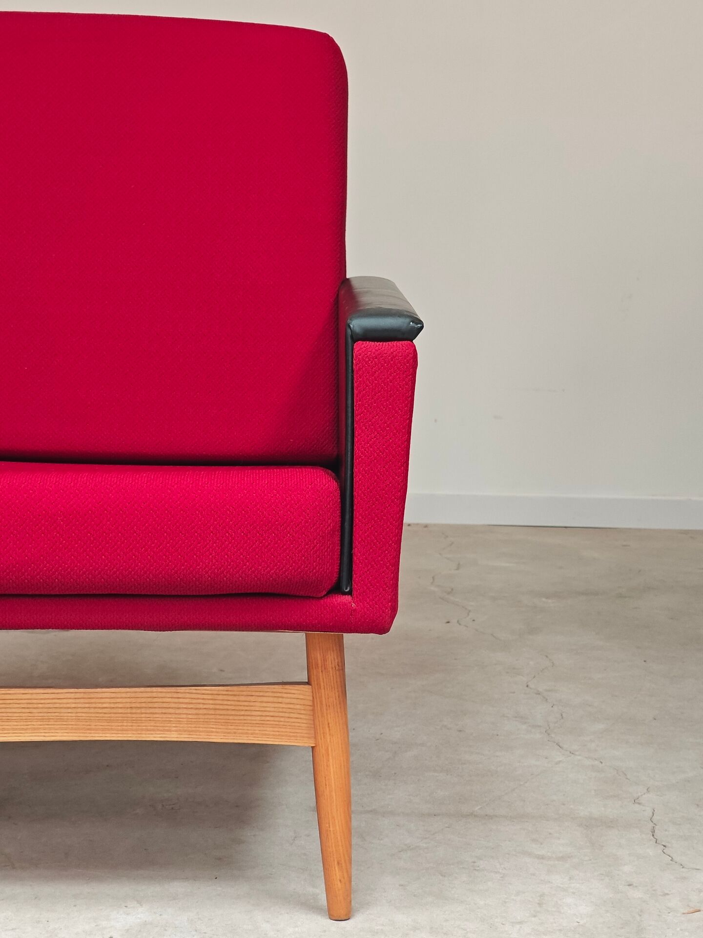 Pair of Drevotex Zamberk armchairs, red fabric and faux leather 1970