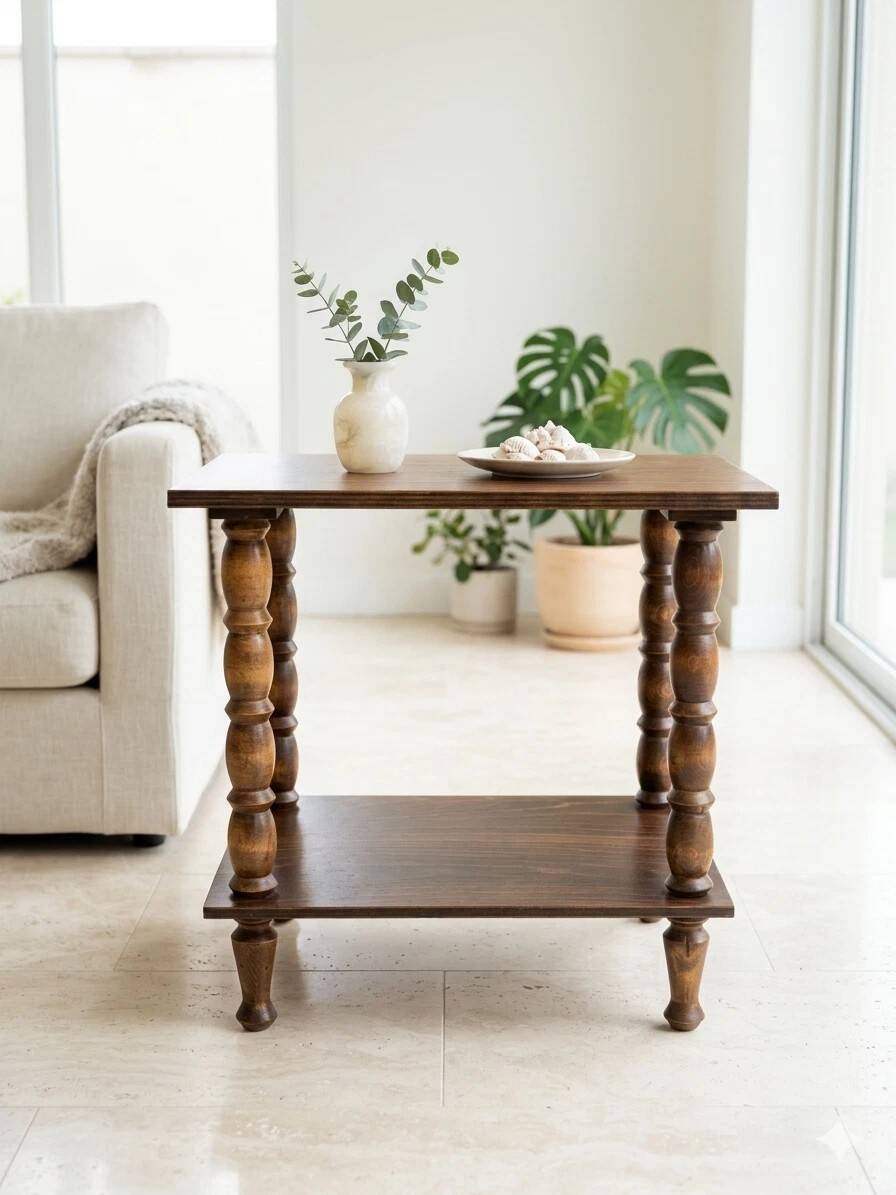 Vintage wooden console side table with turned legs.